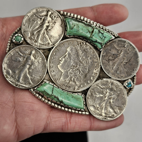 Navajo Other - Navajo Sterling Silver Belt Buckle Morgan Dollar Walking Liberty Turquoise USA